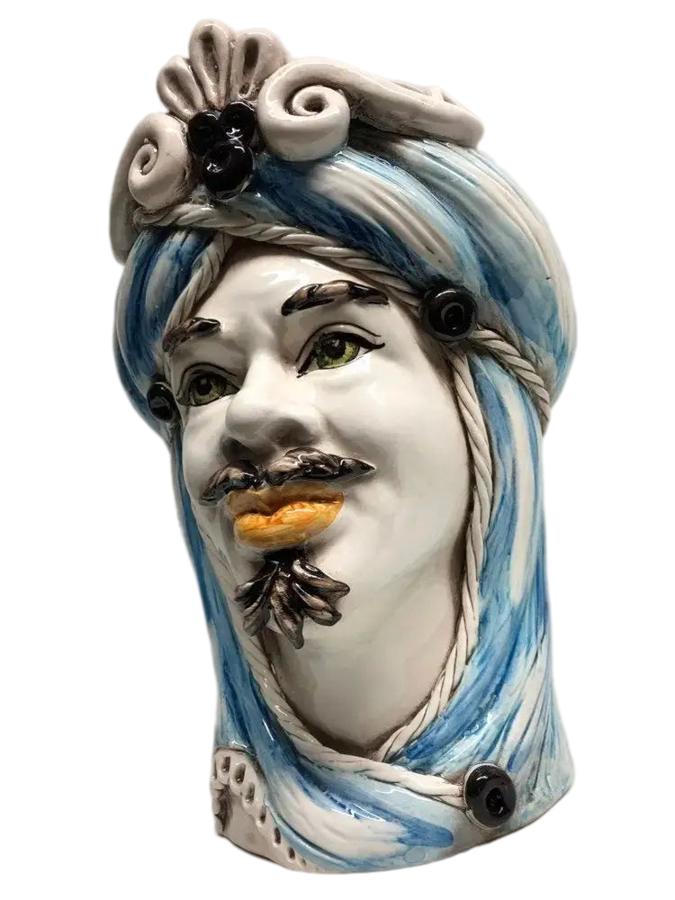 Teste di Moro Moresca Ceramica Caltagirone cm H.28 L.19 Artigianale Turbante Azzurro - DD CERAMICHE SICILIANE