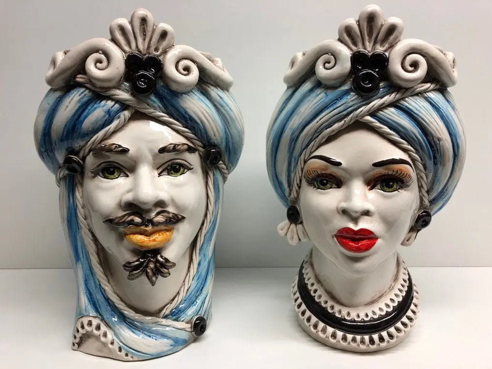 Teste di Moro Moresca Ceramica Caltagirone cm H.28 L.19 Artigianale Turbante Azzurro DD CERAMICHE SICILIANE