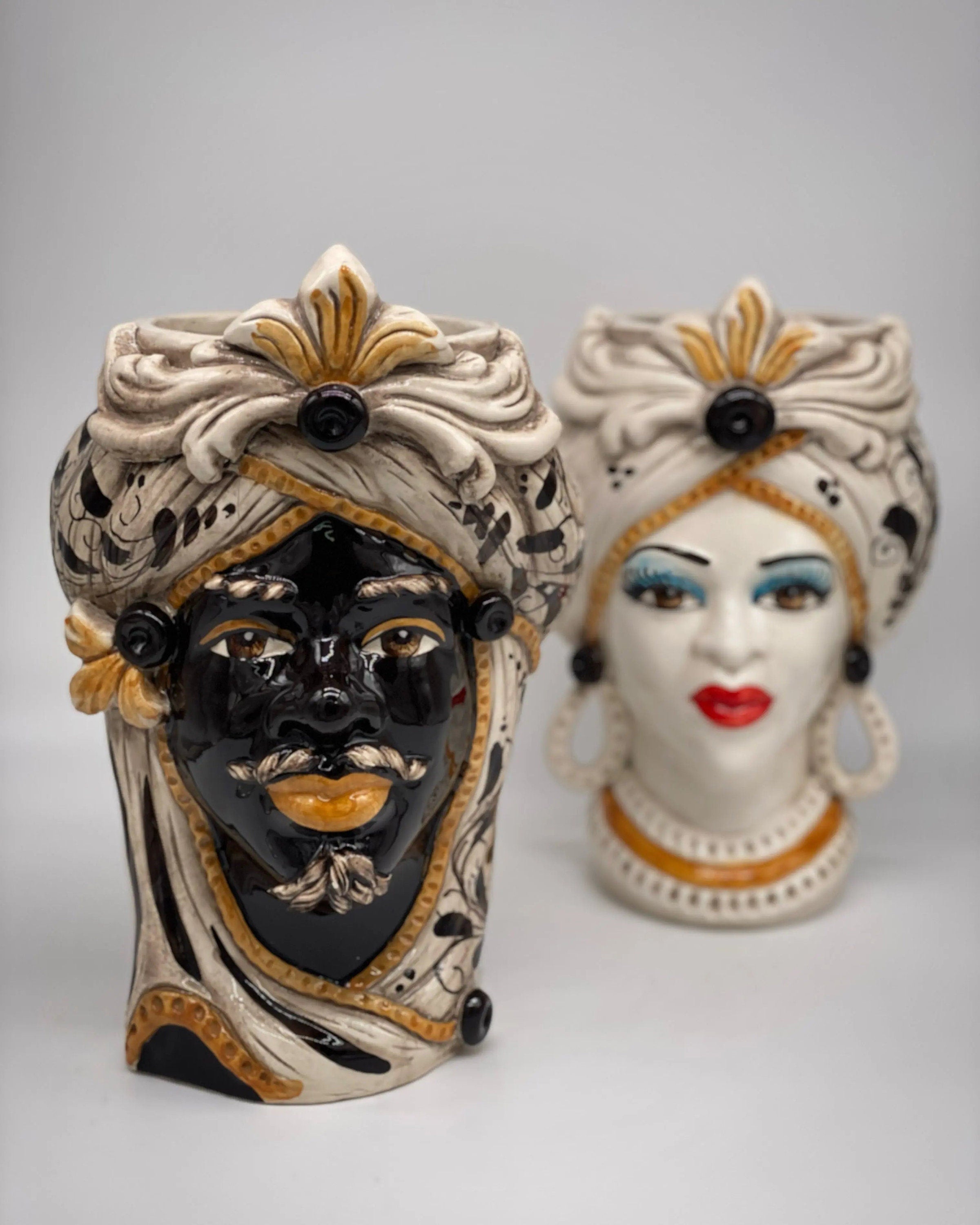 Teste di Moro Moresca Ceramica Caltagirone cm H.28 L.19 Artigianale Barocco Ocra DD CERAMICHE SICILIANE