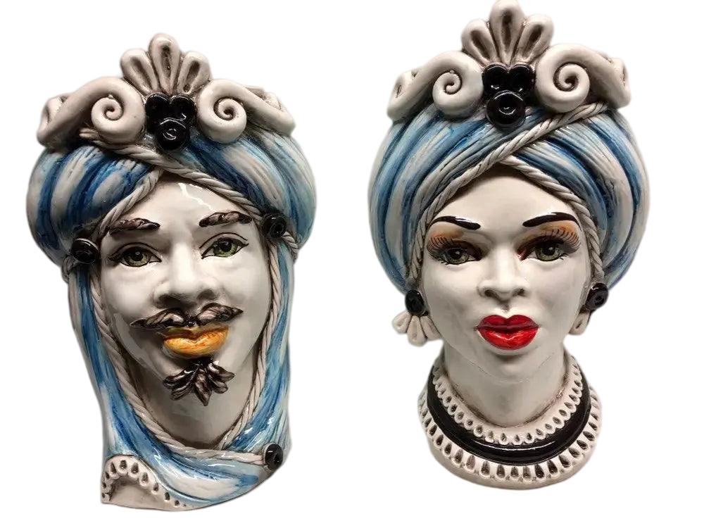 Teste di Moro Moresca Ceramica Caltagirone cm H.28 L.19 Artigianale Turbante Azzurro - DD CERAMICHE SICILIANE