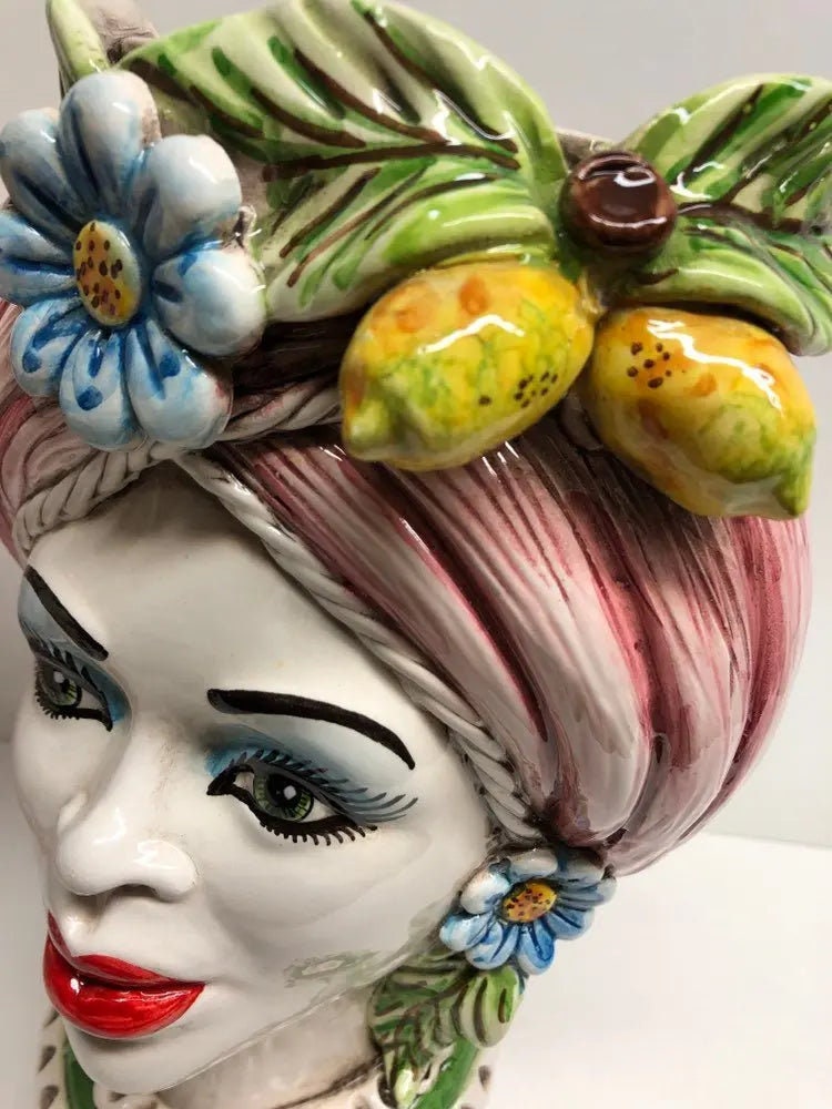 Teste di Moro Moresca Ceramica Caltagirone cm H.28 L.19 Artigianale Turbante Rosa Fiori Limoni DD CERAMICHE SICILIANE