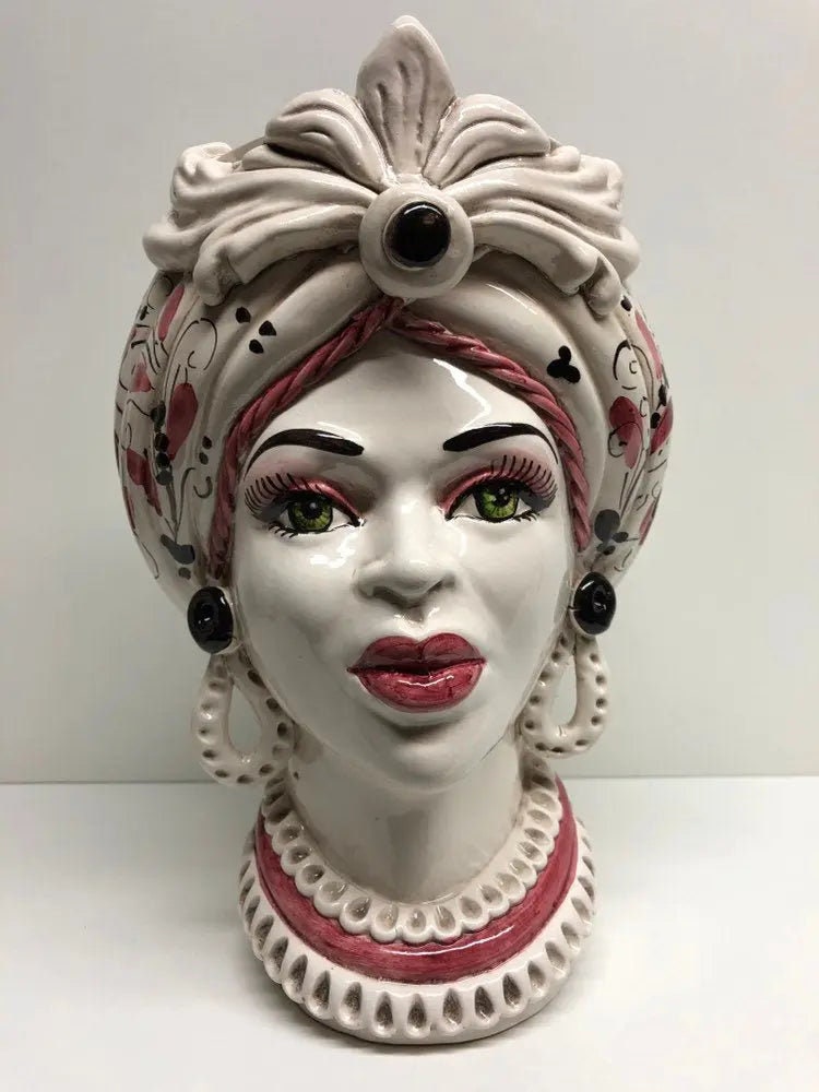 Teste di Moro Moresca Ceramica Caltagirone cm H.28 L.19 Artigianale Barocco Rosa DD CERAMICHE SICILIANE