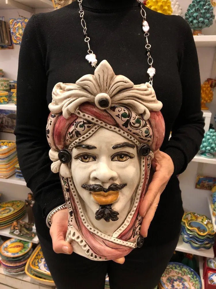 Teste di Moro Moresca Ceramica Caltagirone cm H.28 L.19 Artigianale Decorazione 2020 Rosa DD CERAMICHE SICILIANE