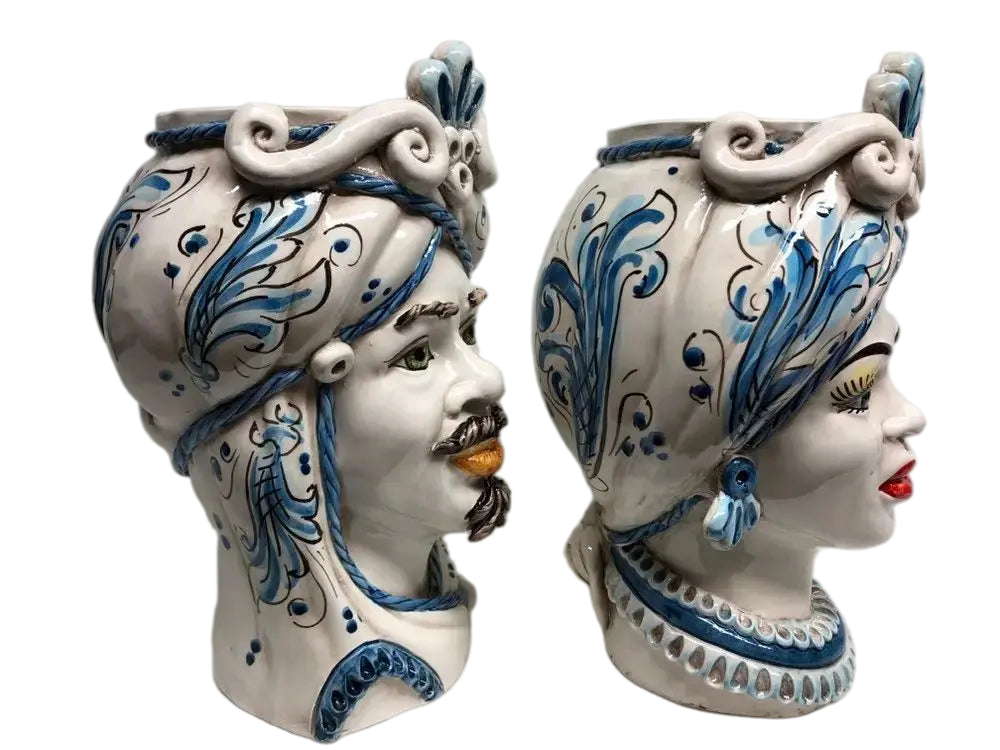 Teste di Moro Moresca Ceramica Caltagirone cm H.28 L.19 Artigianale Barocco Azzurro - DD CERAMICHE SICILIANE