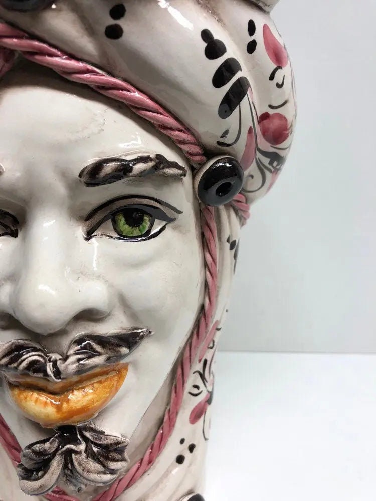 Teste di Moro Moresca Ceramica Caltagirone cm H.28 L.19 Artigianale Barocco Rosa DD CERAMICHE SICILIANE