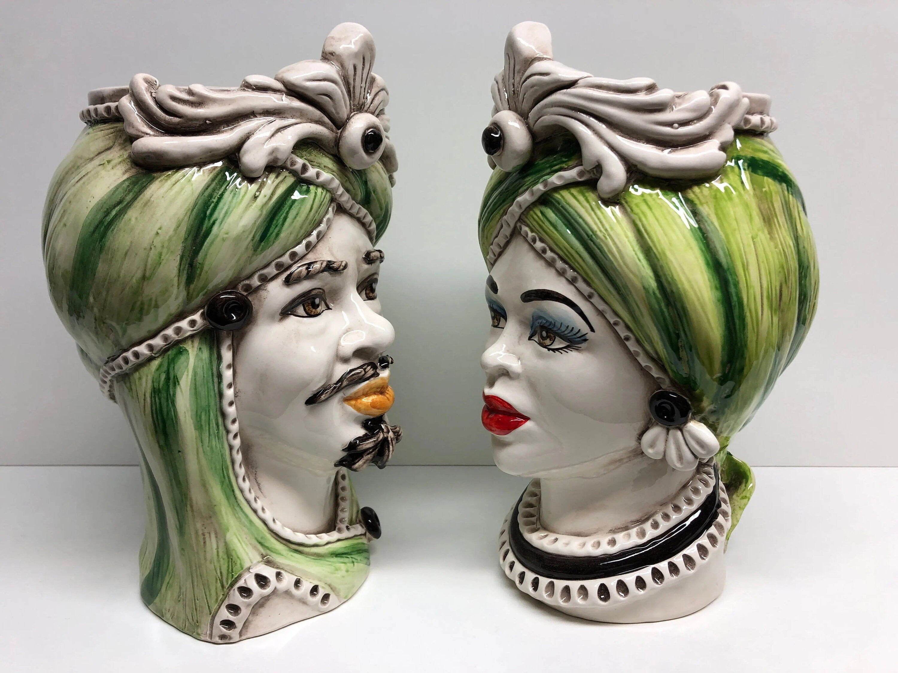 Teste di Moro Moresca Ceramica Caltagirone cm H.28 L.19 Artigianale Turbante Verde DD CERAMICHE SICILIANE