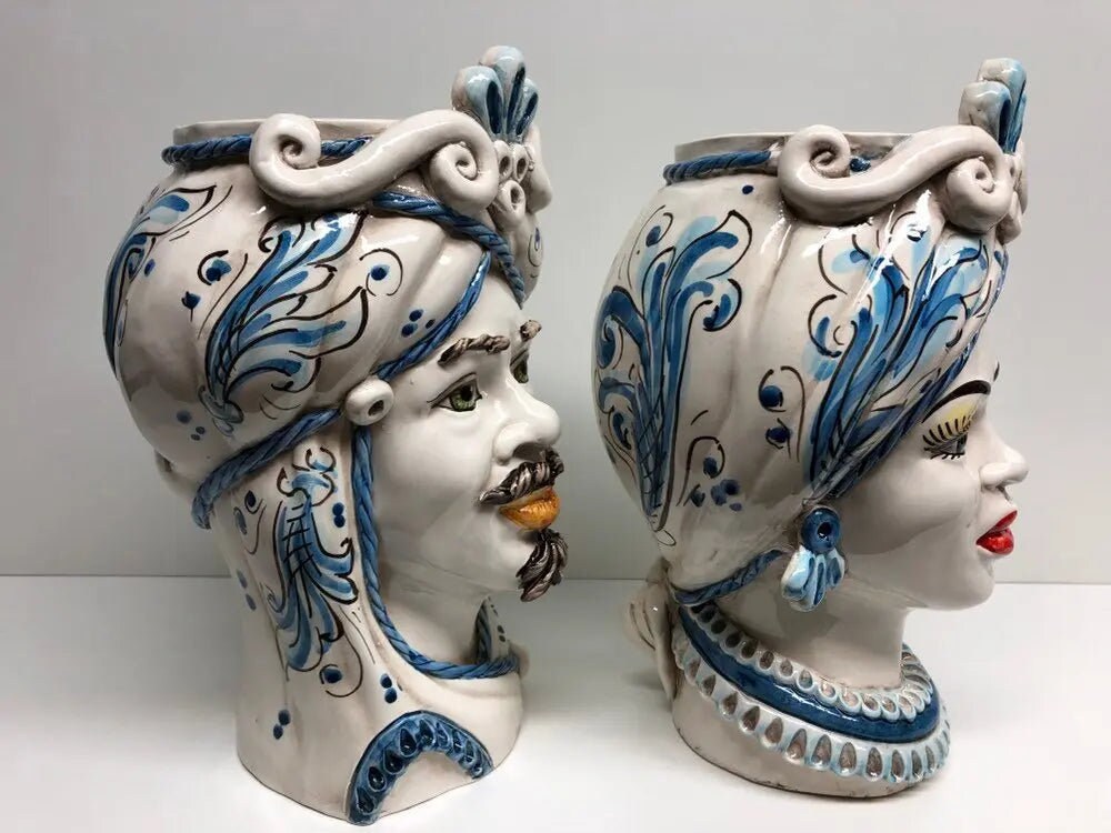 Teste di Moro Moresca Ceramica Caltagirone cm H.28 L.19 Artigianale Barocco Azzurro DD CERAMICHE SICILIANE