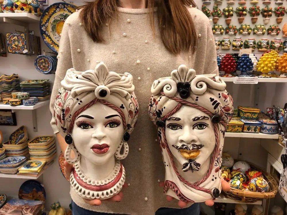 Teste di Moro Moresca Ceramica Caltagirone cm H.28 L.19 Artigianale Barocco Rosa DD CERAMICHE SICILIANE