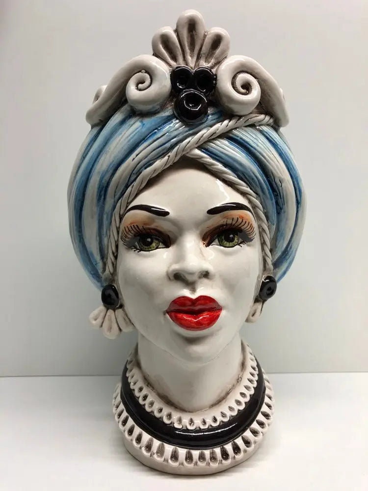 Teste di Moro Moresca Ceramica Caltagirone cm H.28 L.19 Artigianale Turbante Azzurro DD CERAMICHE SICILIANE