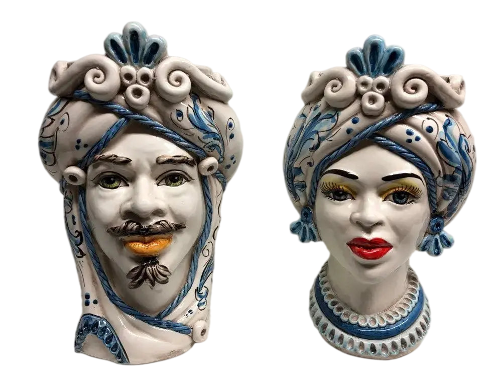 Teste di Moro Moresca Ceramica Caltagirone cm H.28 L.19 Artigianale Barocco Azzurro - DD CERAMICHE SICILIANE