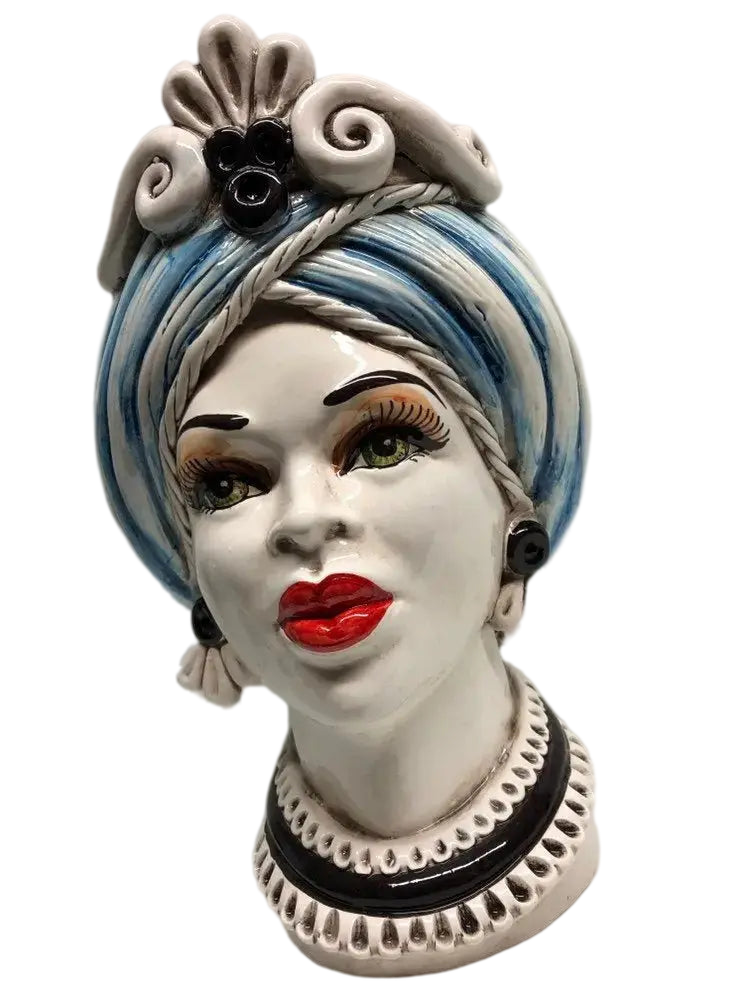 Teste di Moro Moresca Ceramica Caltagirone cm H.28 L.19 Artigianale Turbante Azzurro - DD CERAMICHE SICILIANE