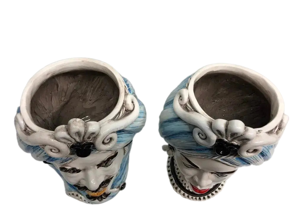 Teste di Moro Moresca Ceramica Caltagirone cm H.28 L.19 Artigianale Turbante Azzurro - DD CERAMICHE SICILIANE