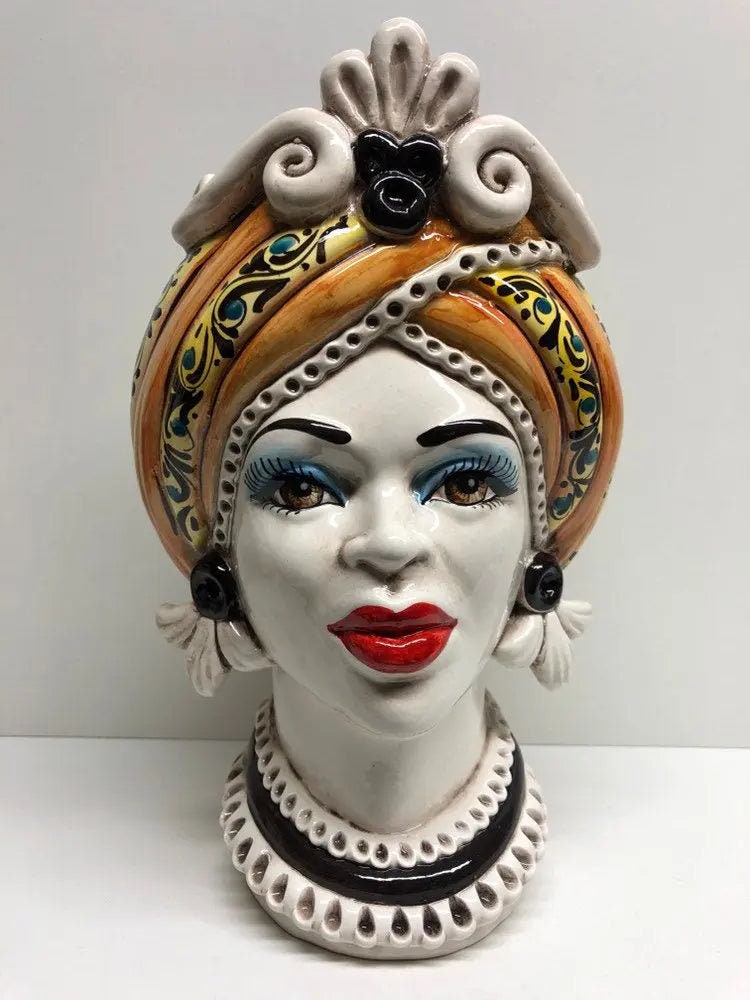 Teste di Moro Moresca Ceramica Caltagirone cm H.28 L.19 Artigianale Decorazione 2020 Arancio DD CERAMICHE SICILIANE