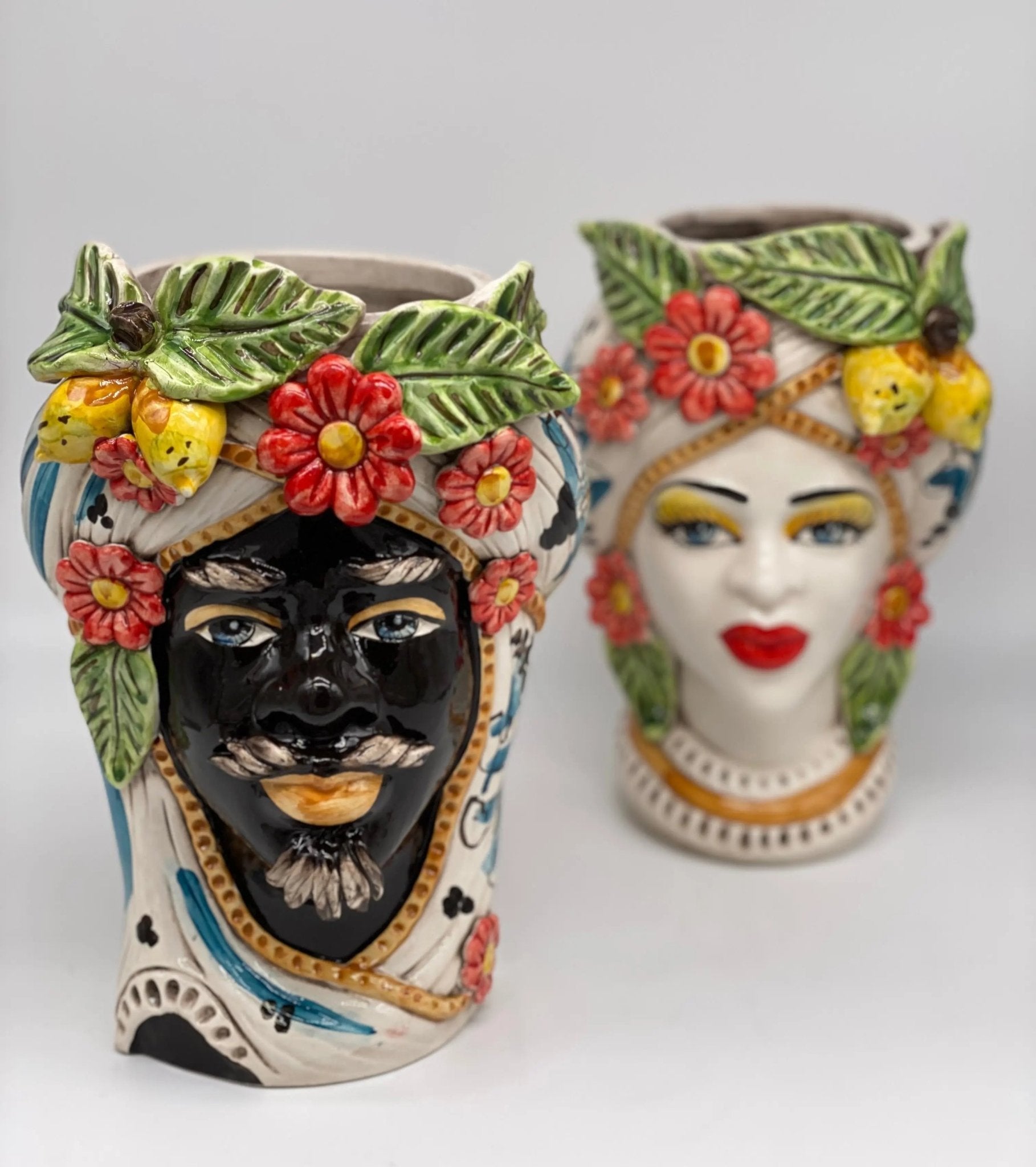 Teste di Moro Moresca Ceramica Caltagirone cm H.28 L.19 Artigianale Turbante Barocco Fiori Limoni - DD CERAMICHE SICILIANE
