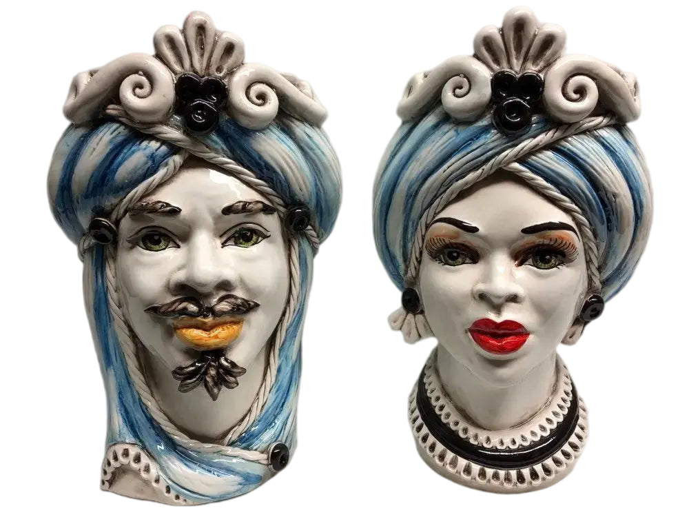 Teste di Moro Moresca Ceramica Caltagirone cm H.28 L.19 Artigianale Turbante Azzurro - DD CERAMICHE SICILIANE