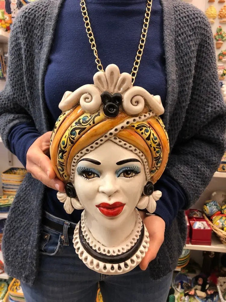 Teste di Moro Moresca Ceramica Caltagirone cm H.28 L.19 Artigianale Decorazione 2020 Arancio DD CERAMICHE SICILIANE