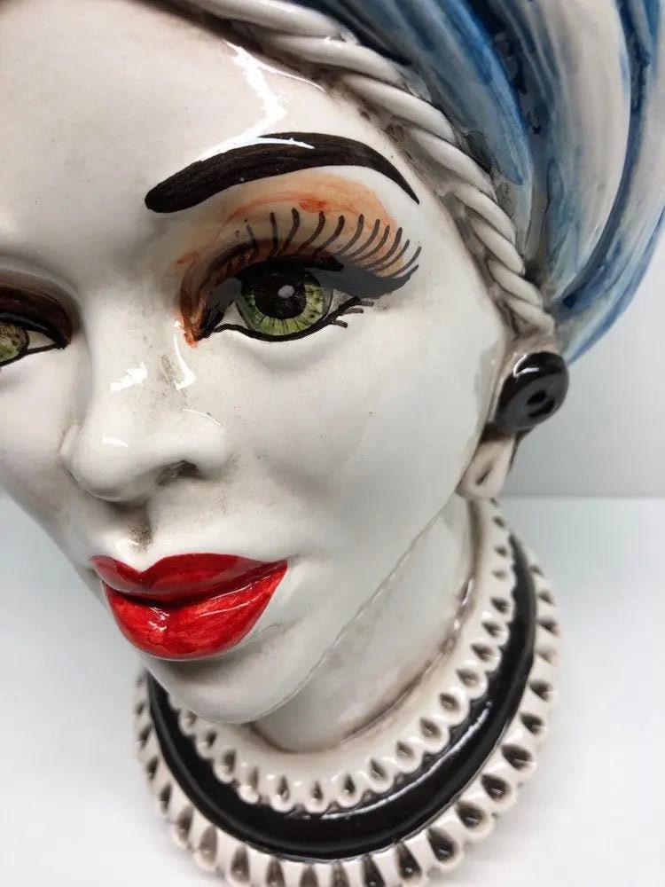 Teste di Moro Moresca Ceramica Caltagirone cm H.28 L.19 Artigianale Turbante Azzurro DD CERAMICHE SICILIANE