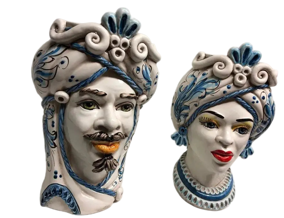 Teste di Moro Moresca Ceramica Caltagirone cm H.28 L.19 Artigianale Barocco Azzurro - DD CERAMICHE SICILIANE