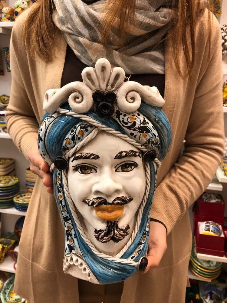 Teste di Moro Moresca Ceramica Caltagirone cm H.28 L.19 Artigianale Decorazione 2020 Blu DD CERAMICHE SICILIANE