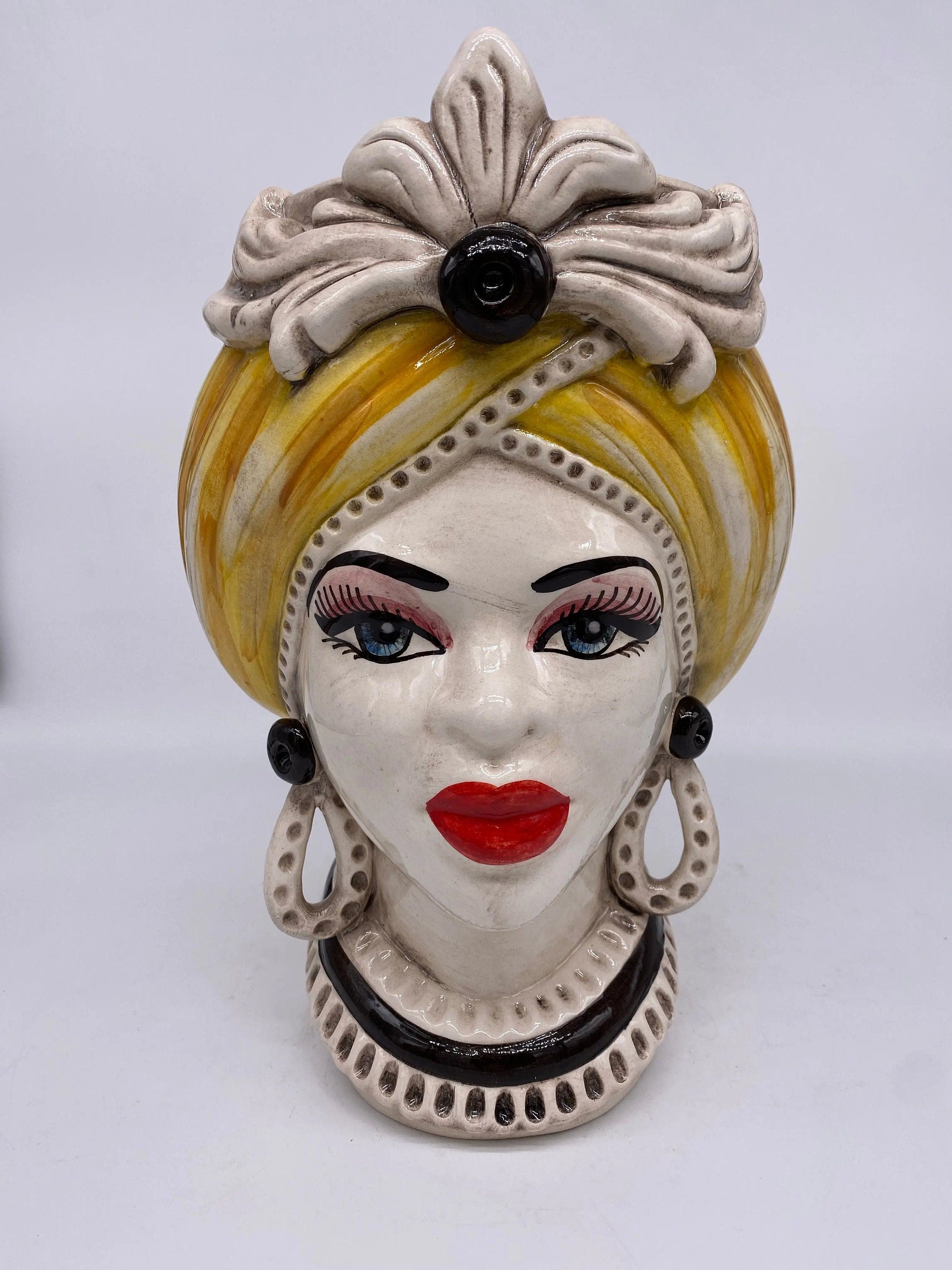 Teste di Moro Moresca Ceramica Caltagirone cm H.28 L.19 Artigianale Turbante Ocra DD CERAMICHE SICILIANE