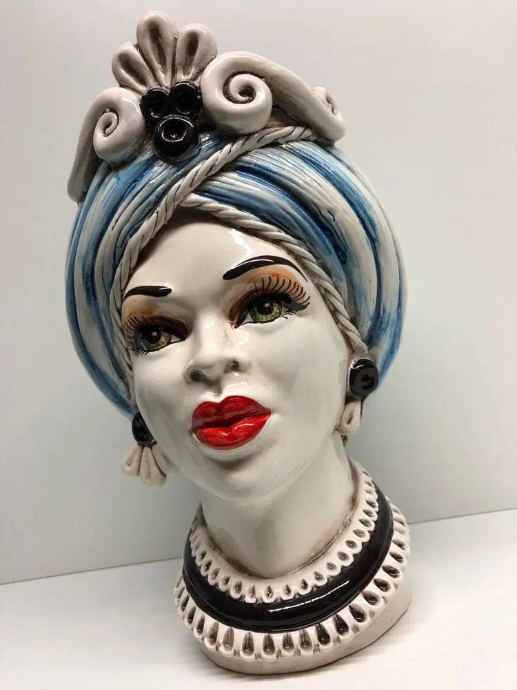 Teste di Moro Moresca Ceramica Caltagirone cm H.28 L.19 Artigianale Turbante Azzurro DD CERAMICHE SICILIANE