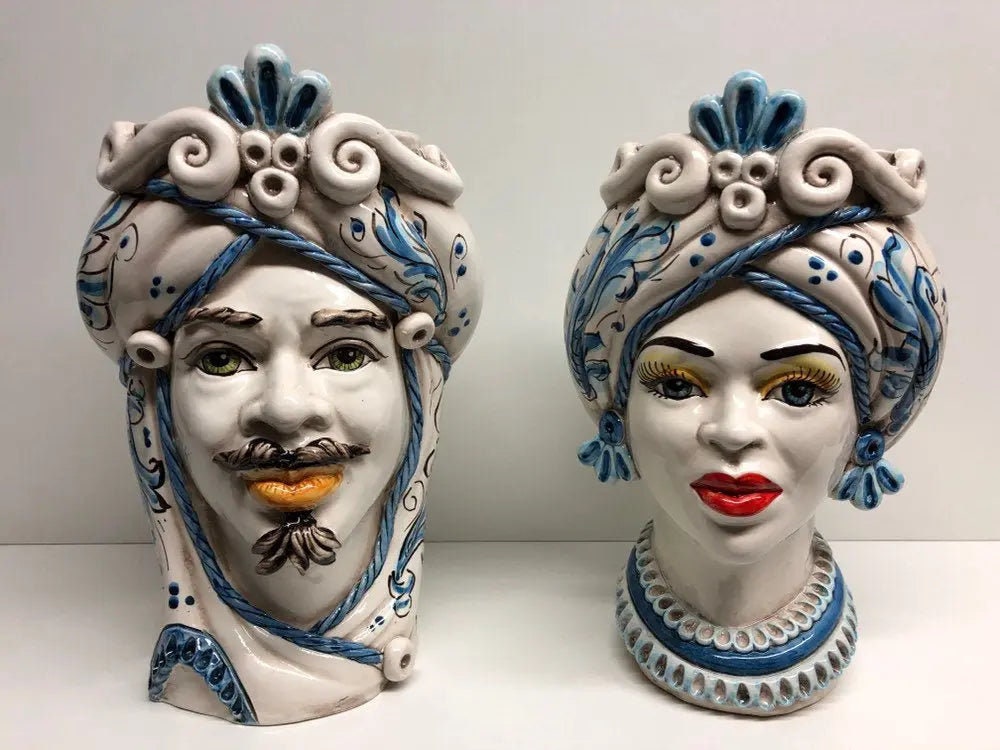 Teste di Moro Moresca Ceramica Caltagirone cm H.28 L.19 Artigianale Barocco Azzurro DD CERAMICHE SICILIANE