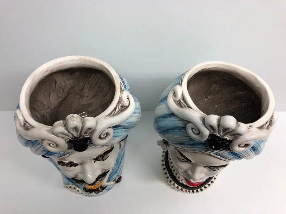 Teste di Moro Moresca Ceramica Caltagirone cm H.28 L.19 Artigianale Turbante Azzurro DD CERAMICHE SICILIANE