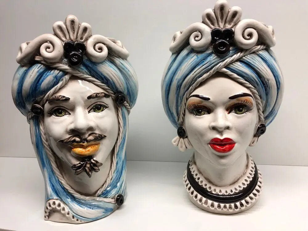 Teste di Moro Moresca Ceramica Caltagirone cm H.28 L.19 Artigianale Turbante Azzurro DD CERAMICHE SICILIANE