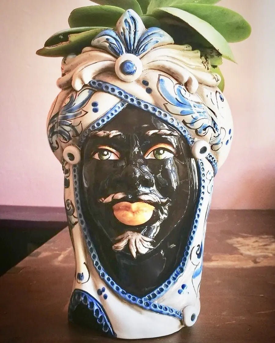 Teste di Moro Moresca Ceramica Caltagirone cm H.28 L.19 Artigianale Barocco Azzurro DD CERAMICHE SICILIANE
