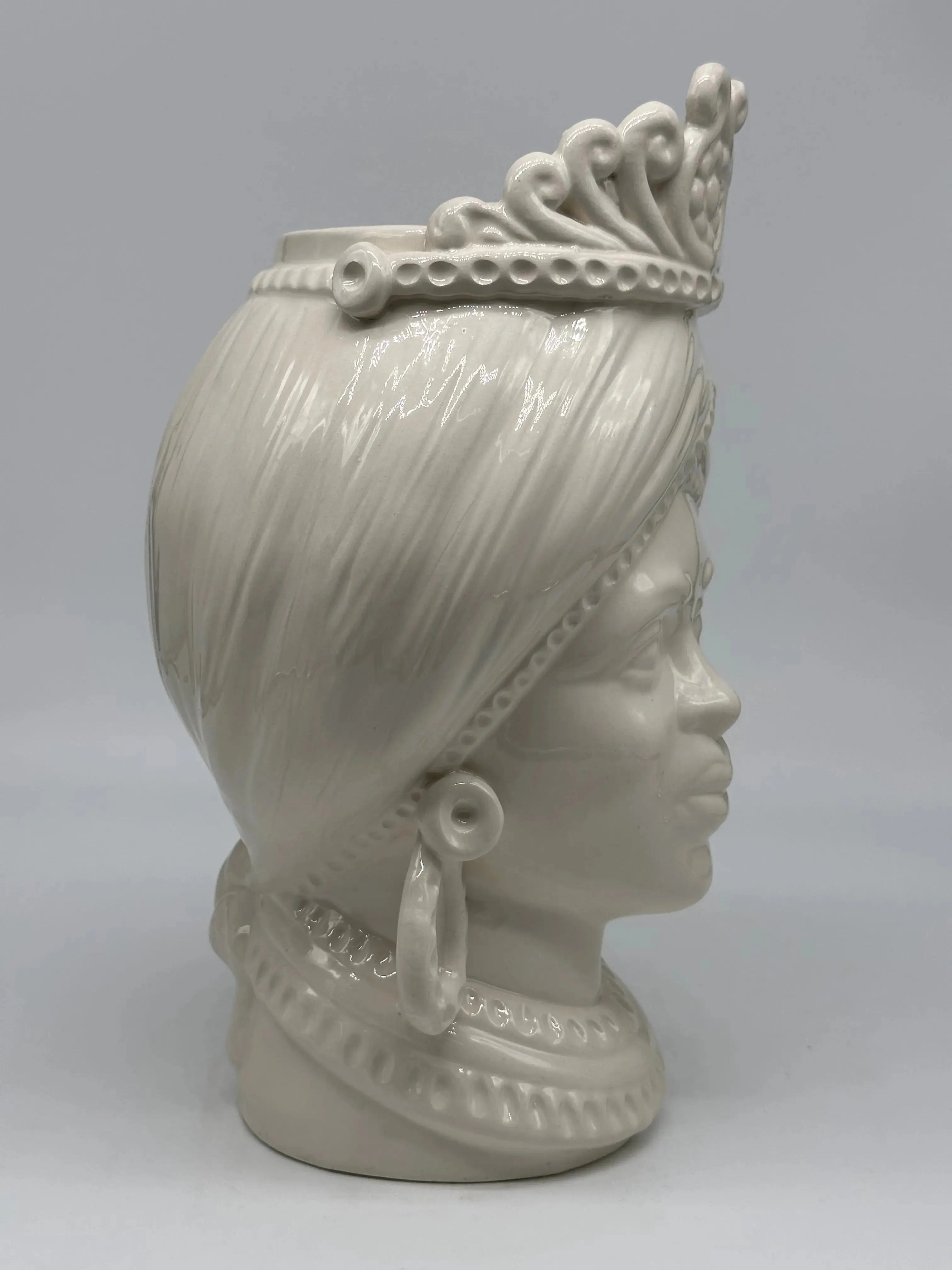 Teste di Moro Moresca Ceramica Caltagirone cm H.28 L.19 Artigianale Monocolore Bianco - TESTA DI MORO