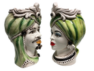 Teste di Moro Moresca Ceramica Caltagirone cm H.28 L.19 Artigianale Turbante Verde - DD CERAMICHE SICILIANE