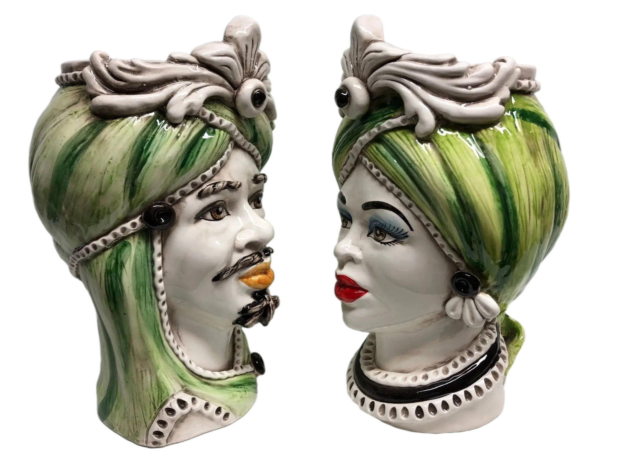 Teste di Moro Moresca Ceramica Caltagirone cm H.28 L.19 Artigianale Turbante Verde - DD CERAMICHE SICILIANE
