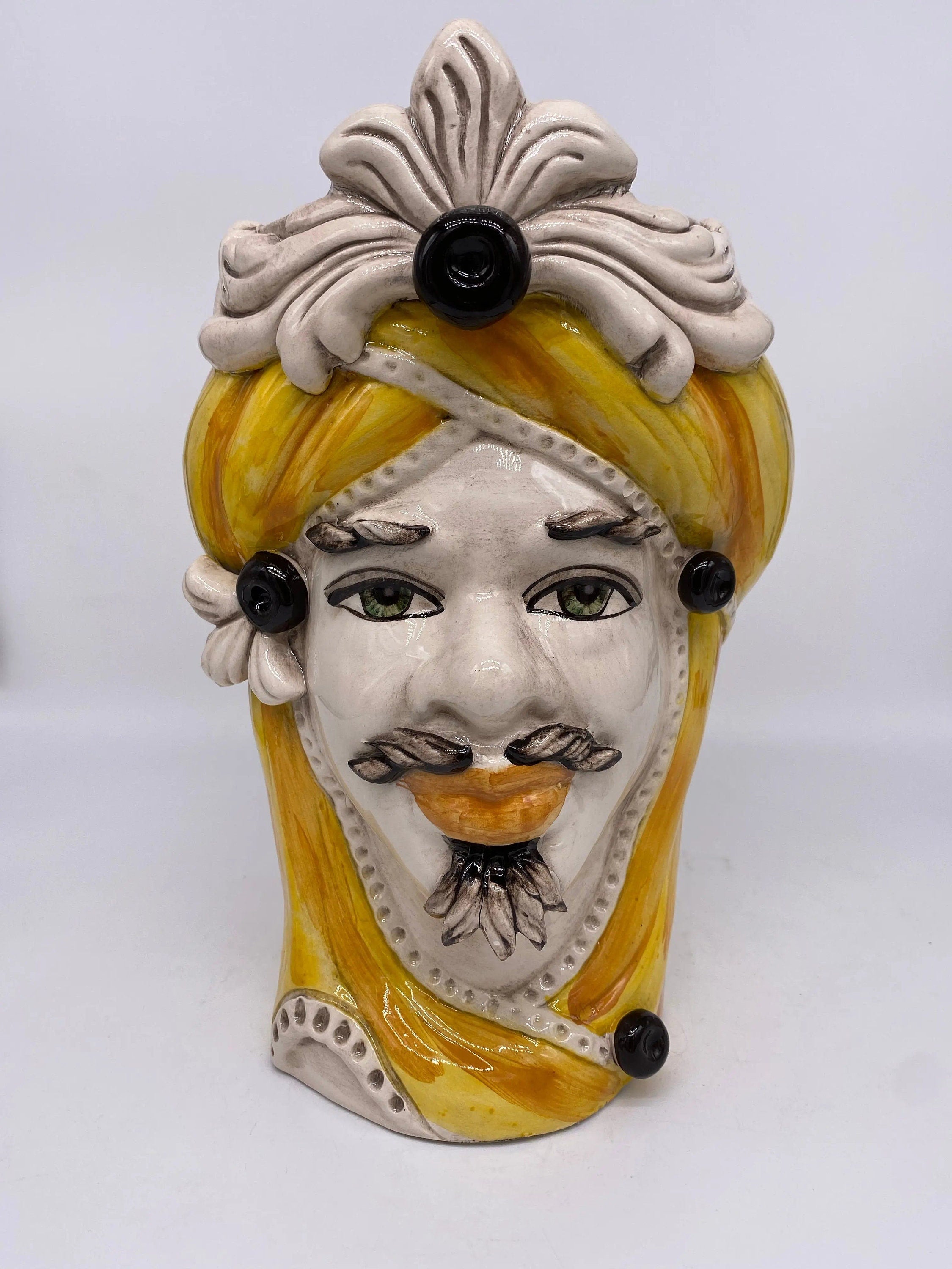 Teste di Moro Moresca Ceramica Caltagirone cm H.28 L.19 Artigianale Turbante Ocra DD CERAMICHE SICILIANE