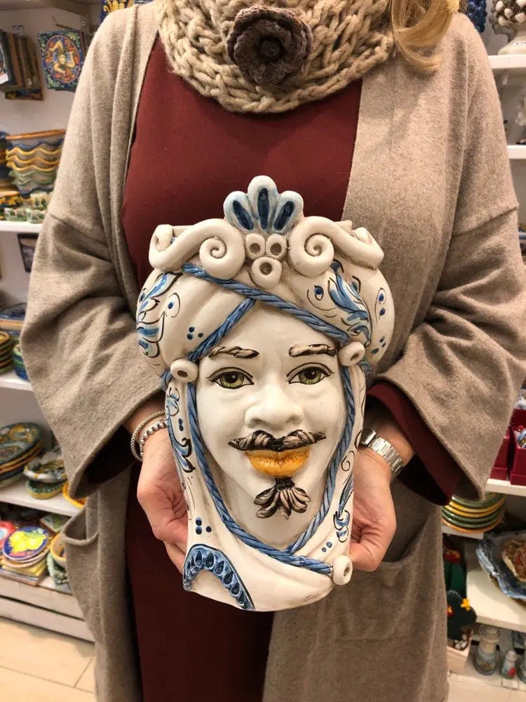 Teste di Moro Moresca Ceramica Caltagirone cm H.28 L.19 Artigianale Barocco Azzurro DD CERAMICHE SICILIANE