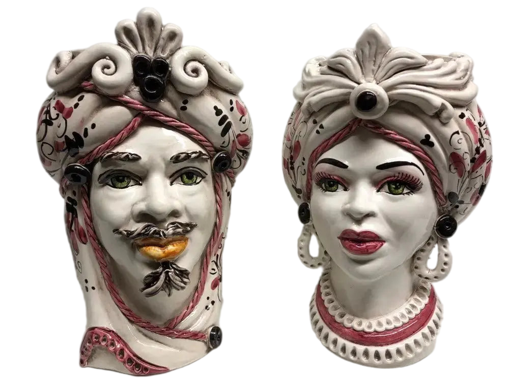Teste di Moro Moresca Ceramica Caltagirone cm H.28 L.19 Artigianale Barocco Rosa - DD CERAMICHE SICILIANE