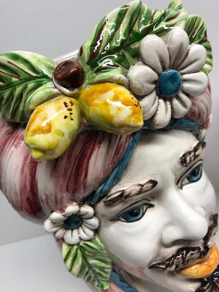 Teste di Moro Moresca Ceramica Caltagirone cm H.28 L.19 Artigianale Turbante Rosa Fiori Limoni DD CERAMICHE SICILIANE