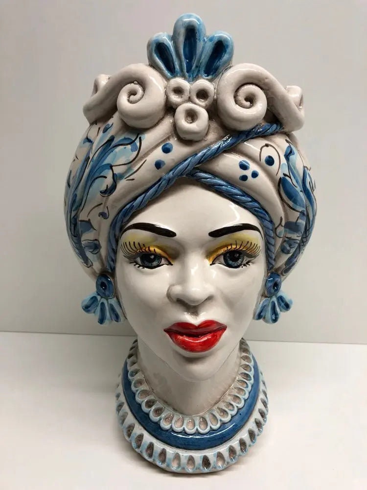 Teste di Moro Moresca Ceramica Caltagirone cm H.28 L.19 Artigianale Barocco Azzurro DD CERAMICHE SICILIANE