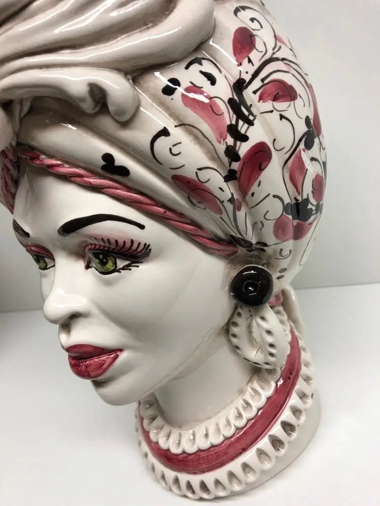 Teste di Moro Moresca Ceramica Caltagirone cm H.28 L.19 Artigianale Barocco Rosa DD CERAMICHE SICILIANE