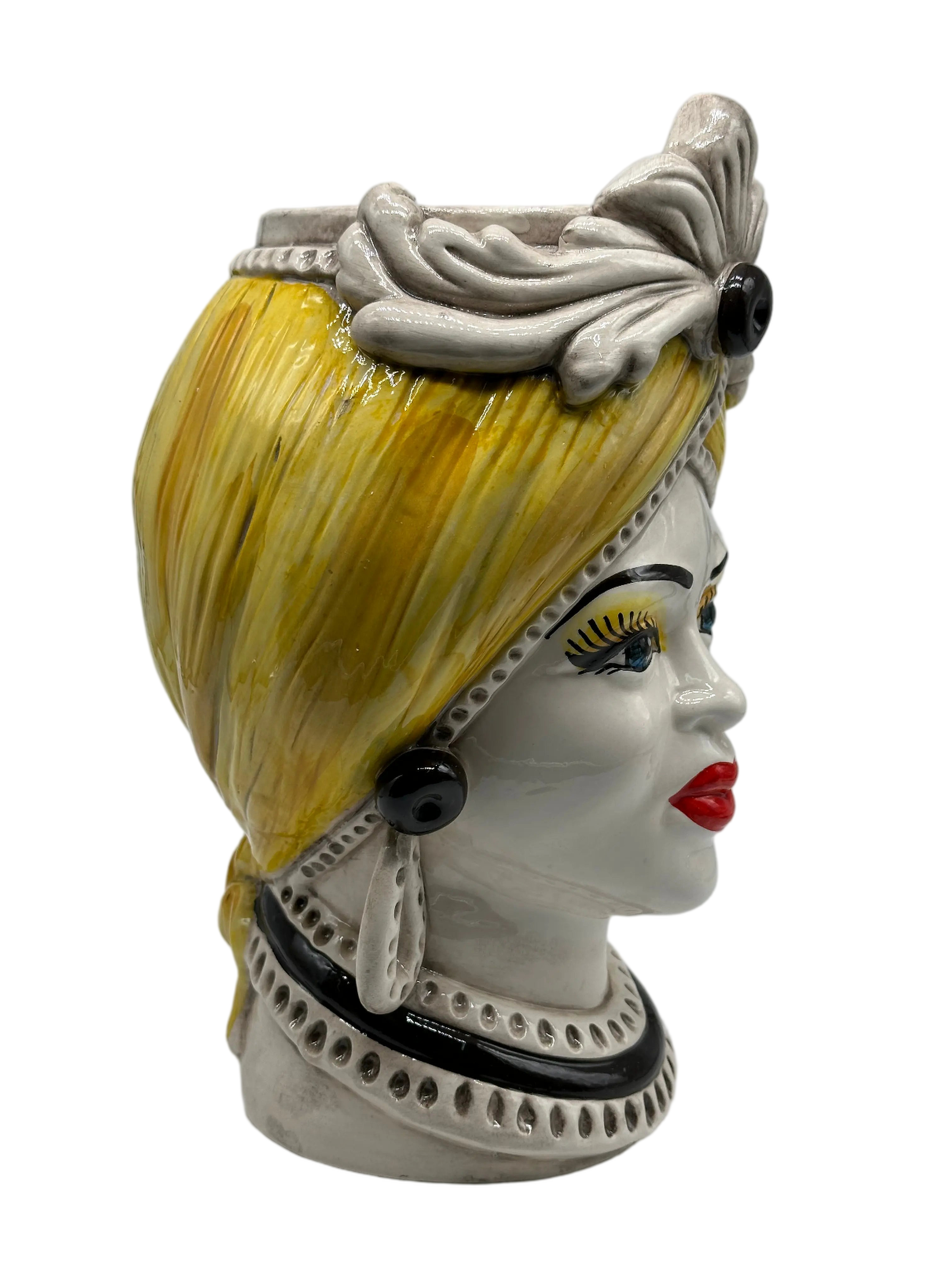 Teste di Moro Moresca Ceramica Caltagirone cm H.28 L.19 Artigianale Turbante Ocra DD CERAMICHE SICILIANE