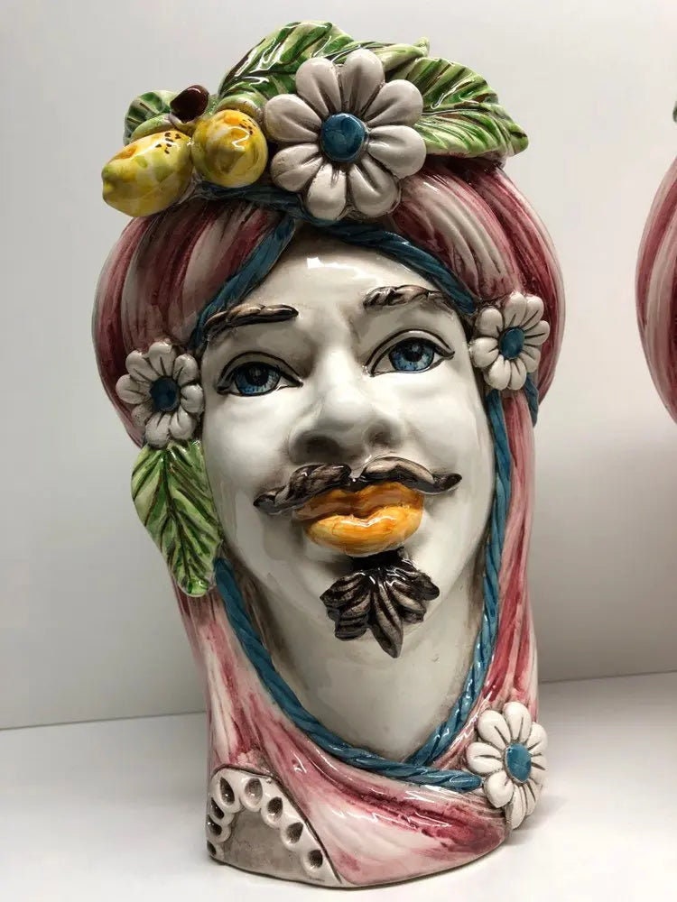 Teste di Moro Moresca Ceramica Caltagirone cm H.28 L.19 Artigianale Turbante Rosa Fiori Limoni DD CERAMICHE SICILIANE