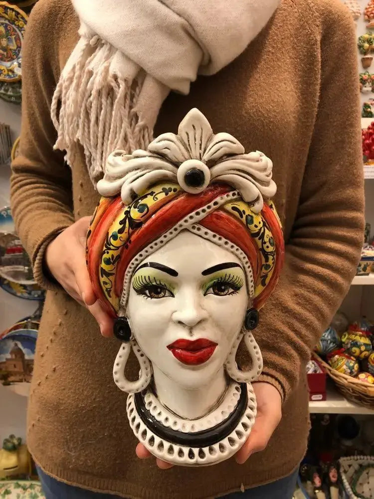 Teste di Moro Moresca Ceramica Caltagirone cm H.28 L.19 Artigianale Barocco Rosso - TESTA DI MORO