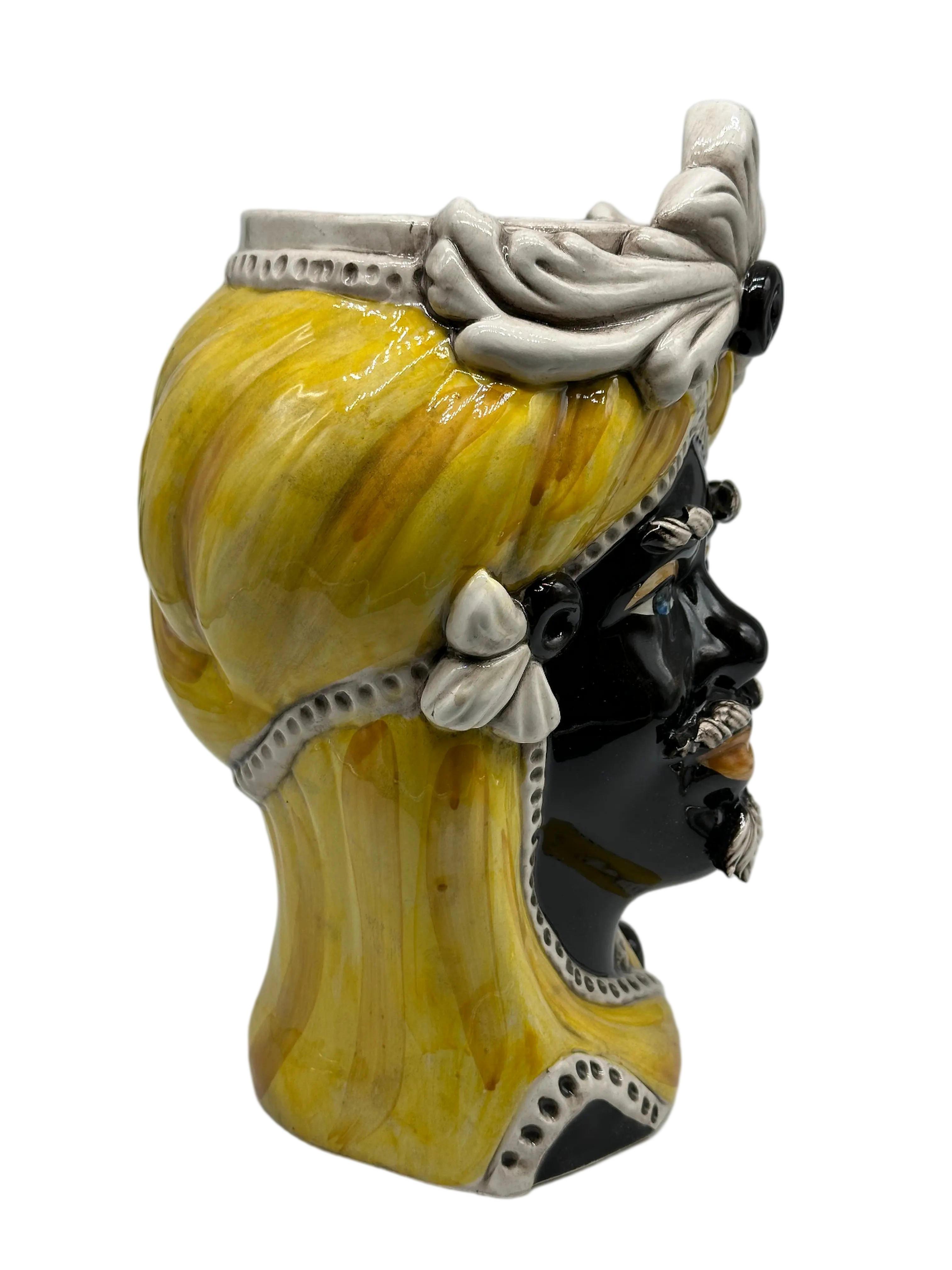 Teste di Moro Moresca Ceramica Caltagirone cm H.28 L.19 Artigianale Turbante Ocra DD CERAMICHE SICILIANE