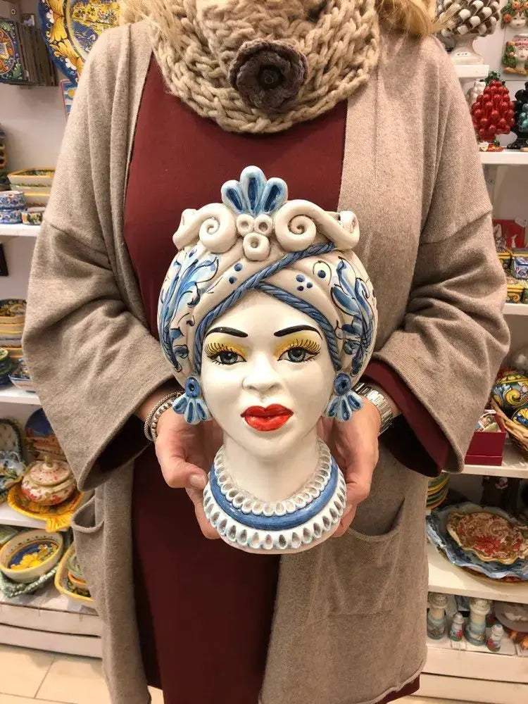 Teste di Moro Moresca Ceramica Caltagirone cm H.28 L.19 Artigianale Barocco Azzurro - DD CERAMICHE SICILIANE