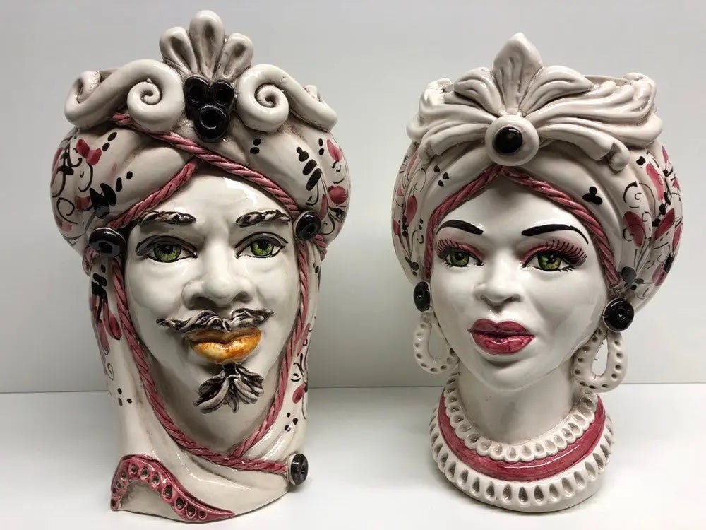 Teste di Moro Moresca Ceramica Caltagirone cm H.28 L.19 Artigianale Barocco Rosa DD CERAMICHE SICILIANE