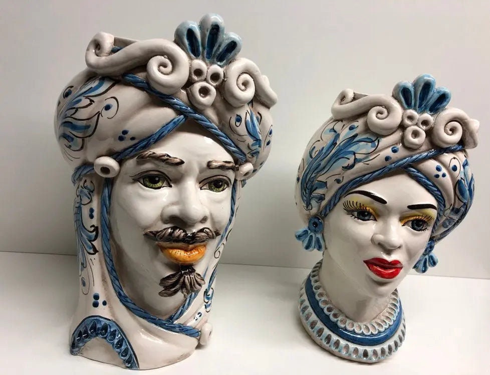 Teste di Moro Moresca Ceramica Caltagirone cm H.28 L.19 Artigianale Barocco Azzurro DD CERAMICHE SICILIANE