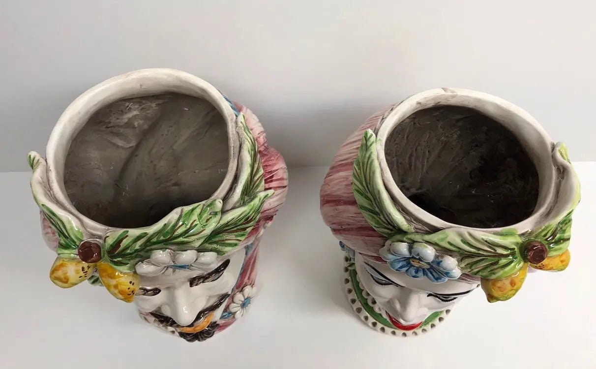 Teste di Moro Moresca Ceramica Caltagirone cm H.28 L.19 Artigianale Turbante Rosa Fiori Limoni DD CERAMICHE SICILIANE