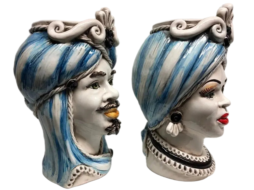 Teste di Moro Moresca Ceramica Caltagirone cm H.28 L.19 Artigianale Turbante Azzurro - DD CERAMICHE SICILIANE