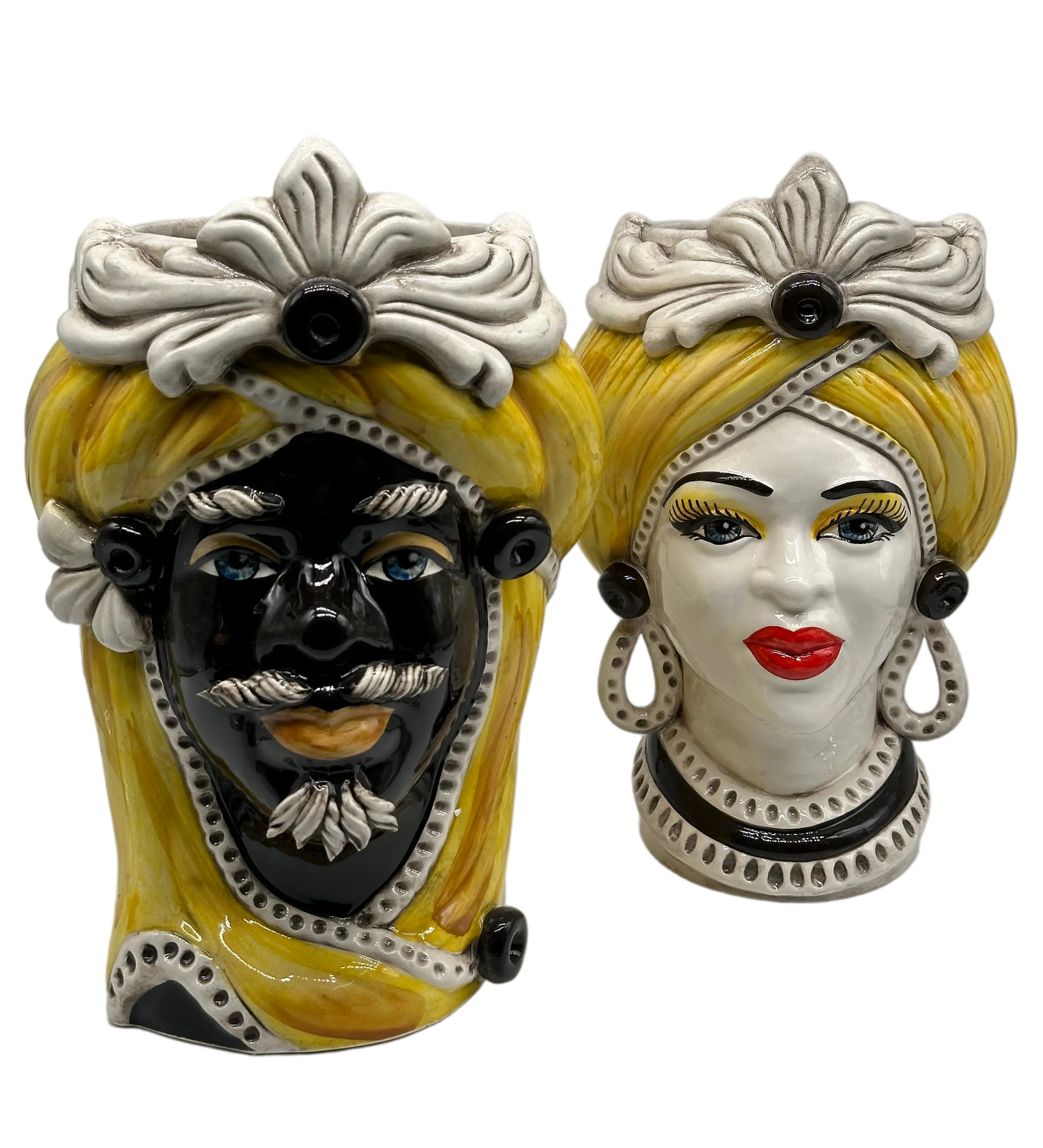 Teste di Moro Moresca Ceramica Caltagirone cm H.28 L.19 Artigianale Turbante Ocra DD CERAMICHE SICILIANE