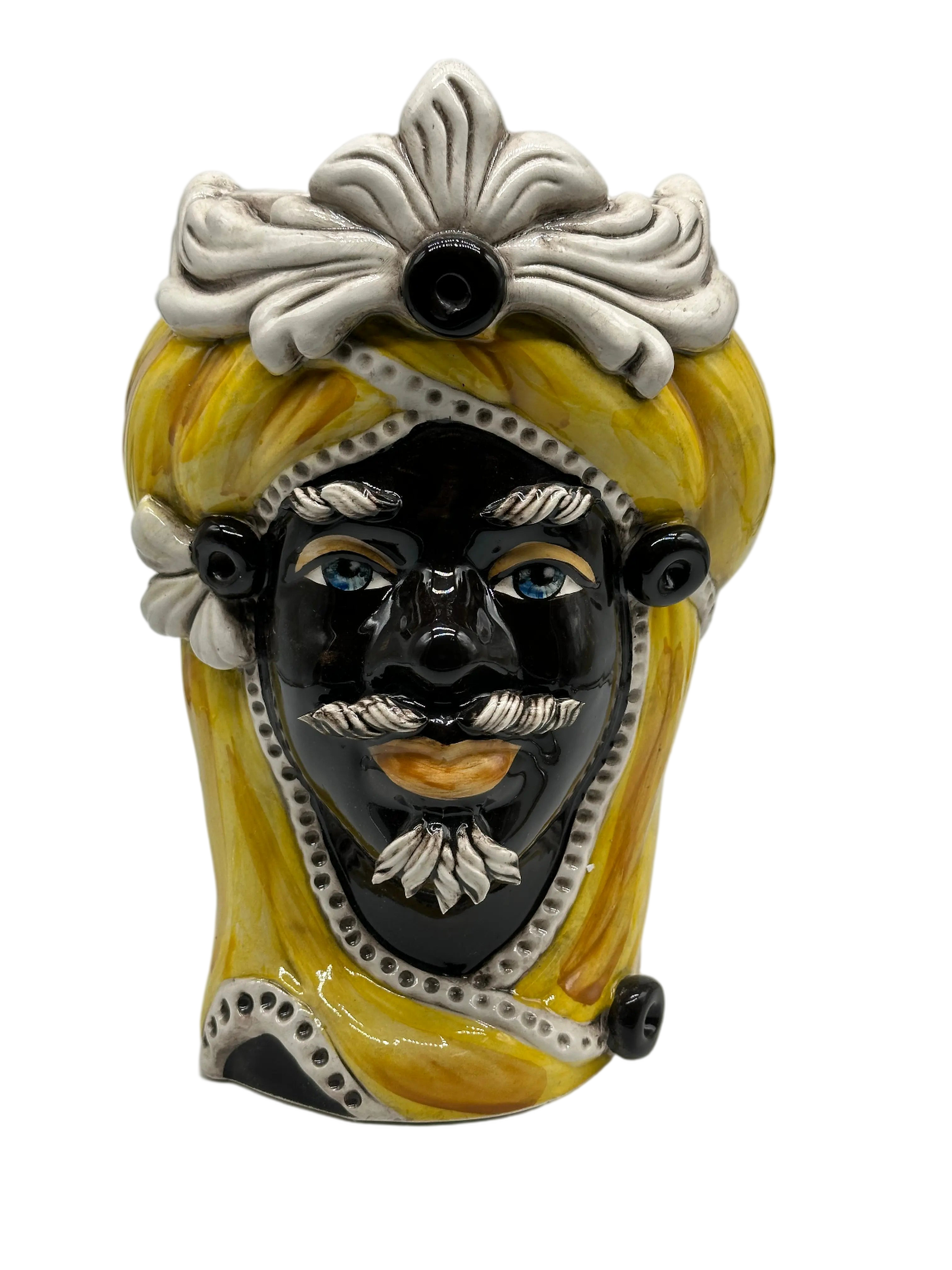 Teste di Moro Moresca Ceramica Caltagirone cm H.28 L.19 Artigianale Turbante Ocra DD CERAMICHE SICILIANE