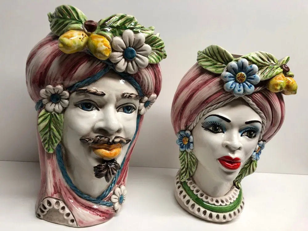 Teste di Moro Moresca Ceramica Caltagirone cm H.28 L.19 Artigianale Turbante Rosa Fiori Limoni DD CERAMICHE SICILIANE